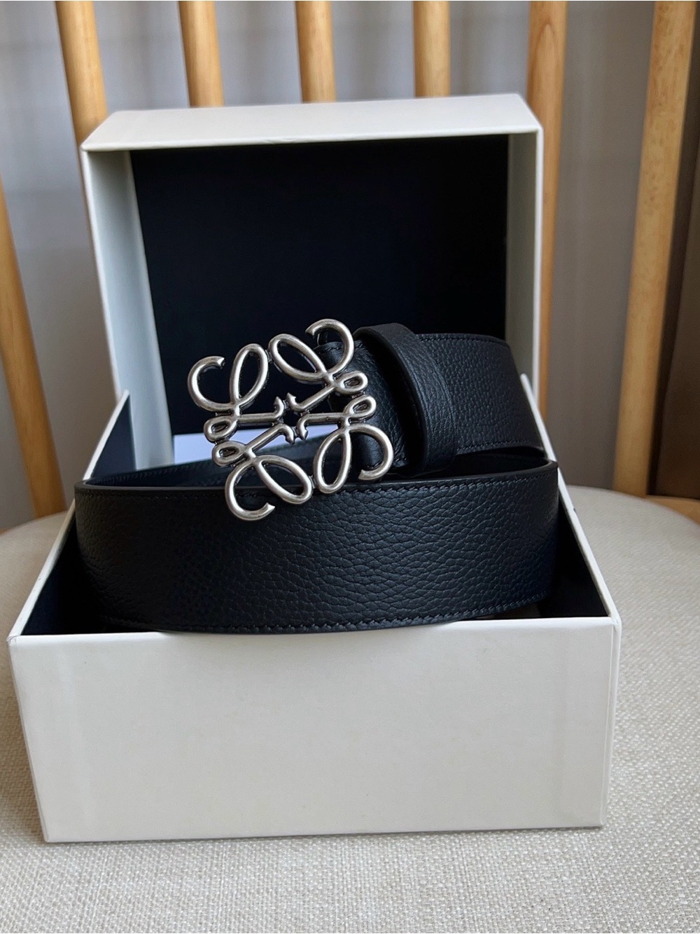 Loewe Black Pebbled Leather Belt with Silver Anagram Buckle